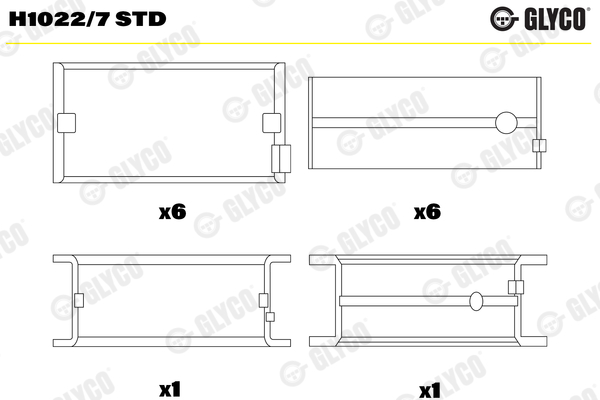 H1022/7 STD, Crankshaft Bearing, GLYCO, 2991776, 2991780, 2991836, 2991840, 500310205, 500310233, 500310249, 500360387, 500360398, 500360439, 77889600