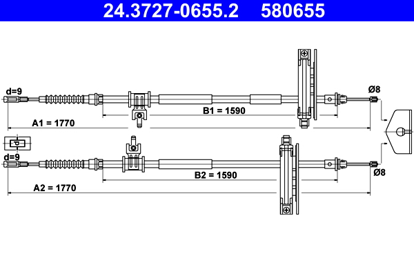 24.3727-0655.2, Cable Pull, parking brake, ATE, 1143926, 1253159, 10.5362, 1987477933, 4.1352, 433147B, 44025500, 8AS355669-711, FBS10049, GCH3026