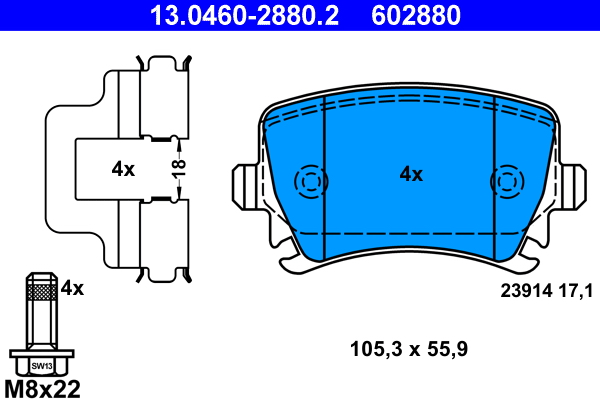 Brake Pad Set, disc brake - 13.0460-2880.2 ATE - 1K0698451, 1K0698451H, 8E0698451J