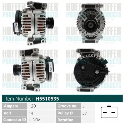 HOFH5510535, Alternator, HOFFER, 013229987, 024430295, 055556065, 093179323, 06204099, 0R1530022, 093175810, 093175958, 093179322, 09199575, 09193114, 6204118, 6204184, 9152247, 9193114, 9199575, 13229987, 24430295, 55556065, 93175810, 93179322, 09152247, 06204184, 06204118, 6204099, R1530022, 93175958, 93179323, 010528, 0124415025