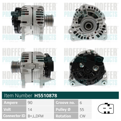 HOFH5510878, Alternator, HOFFER, 045903023, 045903025B, 045903023E, 045903023EX, 0986042700, 13851RW, 20101423OE, 2010324, 210167, 28-3712, 301441RIV, 32042700, 4031, 437689, 46042700R, 471290713, 5510878, 89212736, 8EL012428-111, 8EL737638-001, A0765PR, A12-1297, AG0125, CAL10324KS, CGB-83712, DB3810, H5510878, LRA01856, 0124325073, 20101423BN