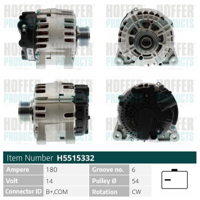 HOFH5515332, Generátor, Alternator, HOFFER, 9810527180, 1606856980, 9803750980, 1609016080, 5705KR, 5702J4, 9678049480, 9664074280, 115475, 2015471.0, 20179174OE, 20649N, 209196, 225.545.180, 28-6736, 302030RIV, 32082510, 471290371, 5515332, 8EL012241-231, 8EL738213-171, 9213689, A12-0248, A3193S, AG0649, CA2030IR, CAL15471KS, DRA0597, FG18T112, H5515332