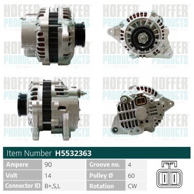 HOFH5532363, Alternator, HOFFER, 37300-22200, 0986042881, 111405, 13702N, 155.518.090.000, 20193301OE, 2032103, 210283, 28-2861, 2C966, 40994RI, 437338, 471290463, 5532363, 8EL011711481, 8EL737068-001, A12-0360, A9094(MANDO), AB190058, AEA2232, ALC966, CAL32103, H5532363, JA994IR, LRB232, MAN2611, 063532611010, 155.518.090.505, 20193301BN, 2032103.1