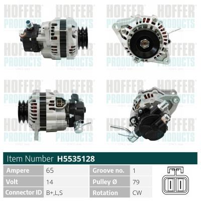 HOFH5535128, Generátor, Alternator, HOFFER, A2TN0499, A2T82899, A002T82899, MD366050, MD306649, 0986045561, 111594, 155.604.065.136, 20137901OE, 2035109.1, 210622A, 28-2622, 2C969, 401179RIV, 471290195, 5535128, 71-0563, 8EL011711081, 8EL737328-001, A12-1144, A5092, ALC969, ALTL050, AX6019, CAL35109RS, CGB-13008, DRA4227, H5535128, JA1183IR, LRA1533