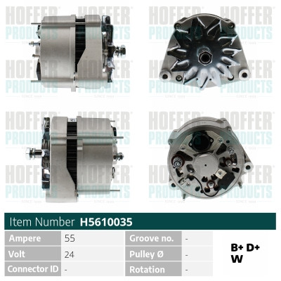 HOFH5610035, Generátor, Alternator, HOFFER, 049903015H, 1180005, 42522722, 42522960, 4792491, 51261017172, 6104073, 83DB10346AA, 9002904208, A7161090140, R941520EX, 01180302, 049903017, 14511656, 1620918, 1702121, 5991586, A61544802, 1180302, 6000973, A51548102, 3045097, 51548102, 0061544802, 12189957, 1179840, 61544802, 1176424, 7161090140, 1183195