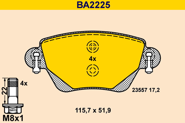 Bremsbelagsatz, Scheibenbremse - BA2225 BARUM - 1207104, 7701207187, C2S33408