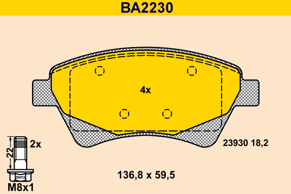 Bremsbelagsatz, Scheibenbremse - BA2230 BARUM - 7701207184, 410608713R, 7701209444