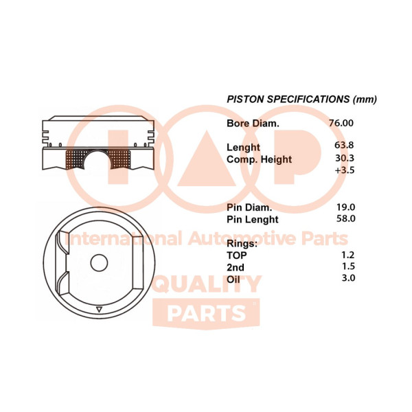 Piston with rings and pin - 100-03097 IAP QUALITY PARTS - 20DA008, 1301187107, 1301187107000