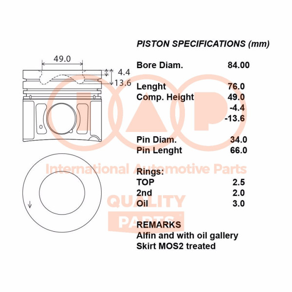 Piston with rings and pin - 100-07000 IAP QUALITY PARTS - 20HY037, 230402F900, 230402F930
