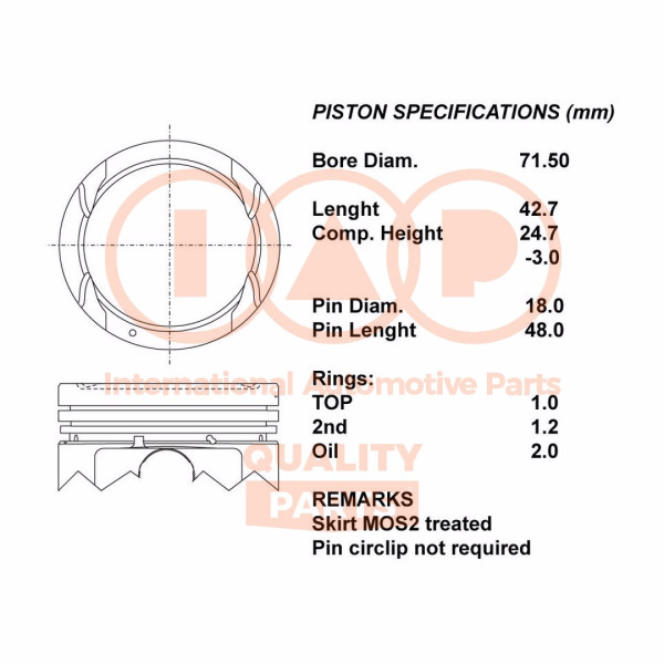 100-07150, Piston with rings and pin, IAP QUALITY PARTS, Hyundai i10/i20 Kia Picanto Rio Stonic 1,2i G4LA 2008+, 20HY036, 87-448507-00