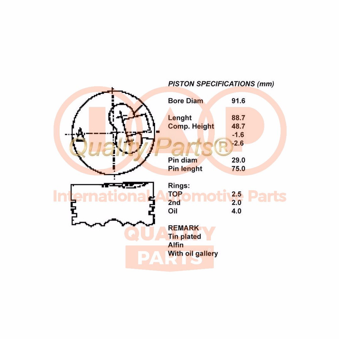 100-12029, Piston with rings and pin, IAP QUALITY PARTS, 20MI001, 39-518M, 9518M, KI518M