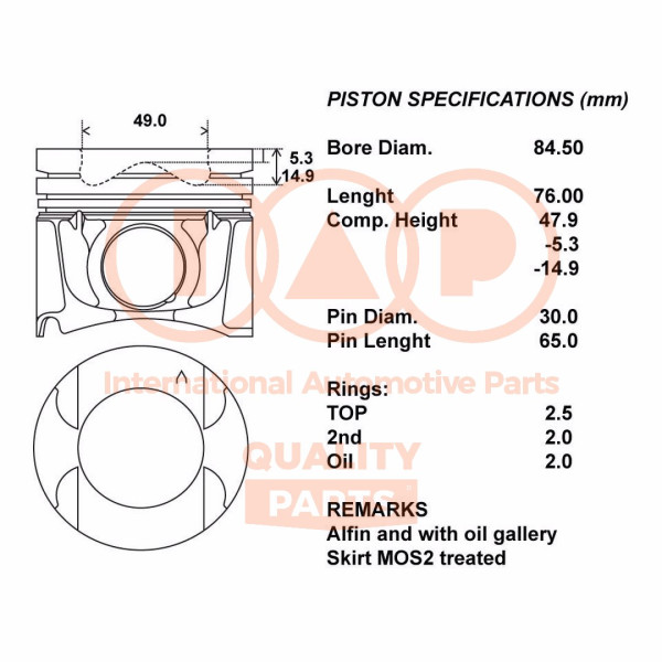 Piston with rings and pin - 100-13173 IAP QUALITY PARTS - 20NI107, 1200000Q0C, 1200000Q0D