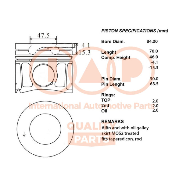 100-14082, Kolben mit Ringen und Bolzen, IAP QUALITY PARTS, Citroën C5/C6 Jaguar XF/XJ Land Rover Discovery Rover Sport Rover Velar Peugeot 407 3,0HDi/3,0D/3,0TD DT20C/X8C/306DT/AJTDV6/TDV6 2009+, 100-14082, 87-439100-10, 9X2Q-6K108-CB, FW9Q-6K108-AA