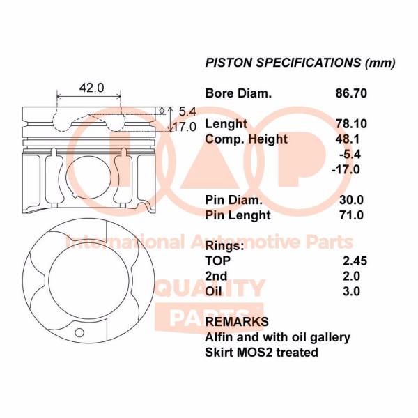 100-18035, Kolben mit Ringen und Bolzen, IAP QUALITY PARTS, SsangYong Actyon Kyron 2,0XDi D20DT* OM664.951* 2005+, 10018035, 20SS003, 6640300917, 6640301717, 6640302117, 6640302817, 6650300524