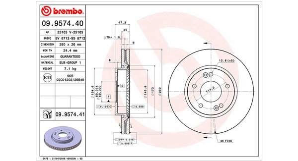 360406067900, Brake Disc, MAGNETI MARELLI, 517121H000, 517121H100, 517122K100, 517122L000, 0986479460, 09.9574.40, 17640, 197205, 24012601501, 25103, 320380600, 54616, 92161600, BG4281, BS8712, DDF1619, DF4865S, DI956778, 09.9574.44, 1815203523, 426150, 92161603, DDF1619C, 09957440