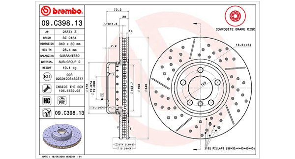 360406130404, Brzdový kotouč, Brzdový kotouč, MAGNETI MARELLI, 34106797602, 34116797602, 0986479E12, 09.C398.13, 150290620, 25574Z, 3415130, 65145, 92265025, BZ9184, DDF2614VC, DDF2614VC1, DF6604S, 150290632